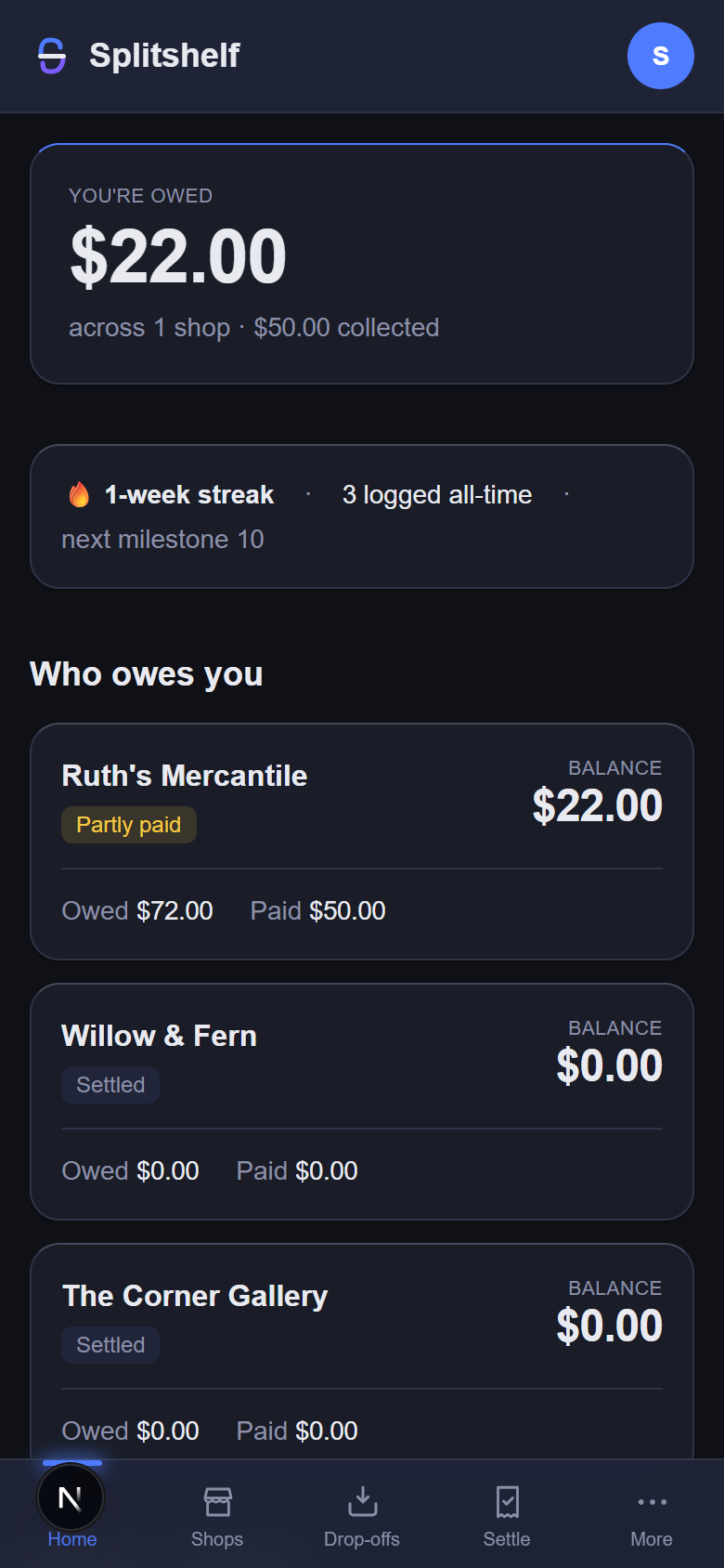 The Splitshelf dashboard on a phone, showing what you're owed